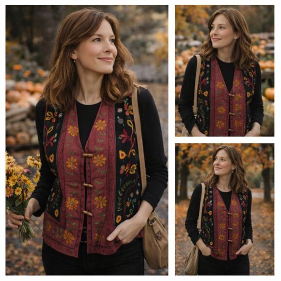 lizwear Jackets & Blazers - Vintage Lizwear Embroidered Floral Vest - Artisan Boho Statement Piece